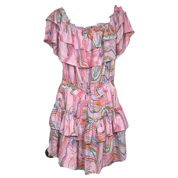 Buddy Love Dresses & Skirts - Buddy Love Dress Size M Pink Swirl Off Shoulder Smocked Waist Chiffon Mini NWT